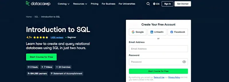 Datacamp Introduction to SQL course landing page with free account creation