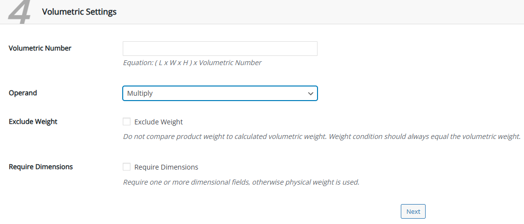 table rate shipping volumetric settings